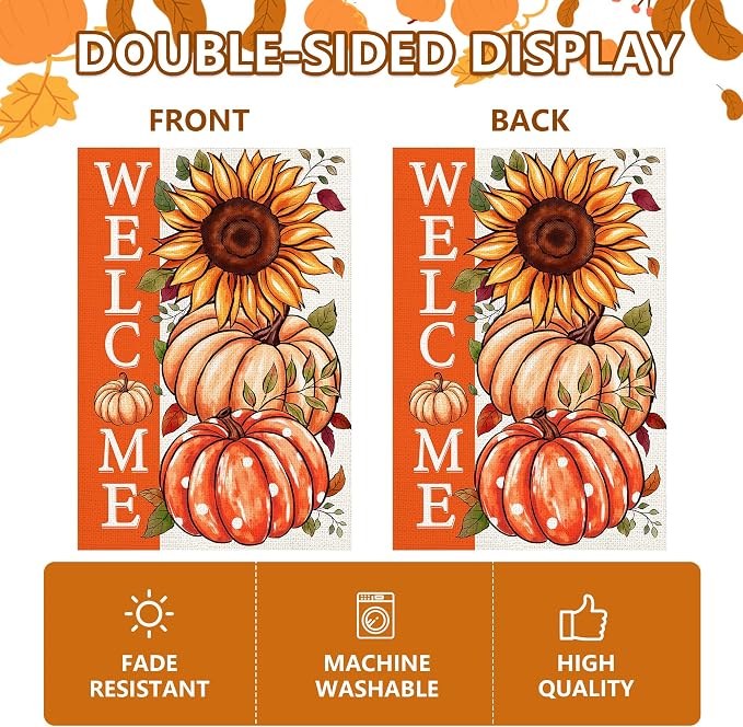Sunflower Pumpkin Garden Flag 12x18 Inch, Double Sided Autumn Thanksgiving Burlap Flag for Yard Outdoor Decoration
