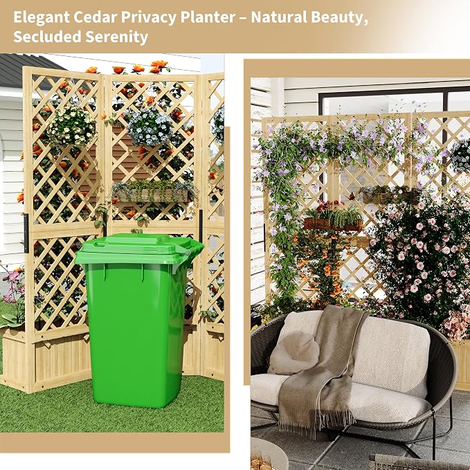Cedar Privacy Screen with Planter Box - 3-Panel Freestanding Garden Fence, 62 in x10 in x65 in Tall Outdoor Divider with Drain Holes & Raised Bed for Patio, Deck & Backyard (Natural Wood)