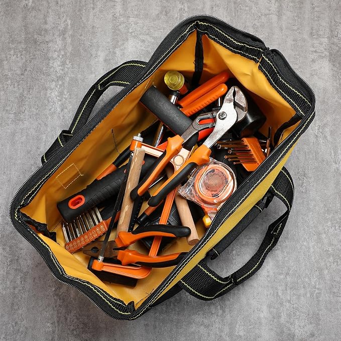 Sanwuta 3 Pack Tool Bag for Men with Waterproof Hard Bottom, Heavy Duty Tool Bag Wide Mouth Tote for Various Instrument, Electrician Carpenter Mechanic(Yellow,16 Inch,Classic)