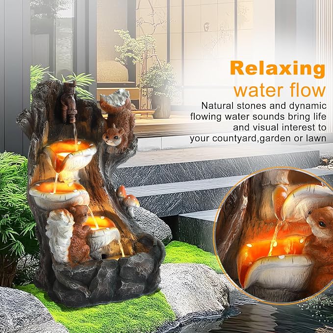 22" H Modern Garden Water Fountain - 4-Tiers Indoor/Outdoor Resin Water Fountains with LED Lights, 4-Tiers Patio Waterfalls with Mushroom & Squirrel Design, Home Decor for Porch Yard Deck