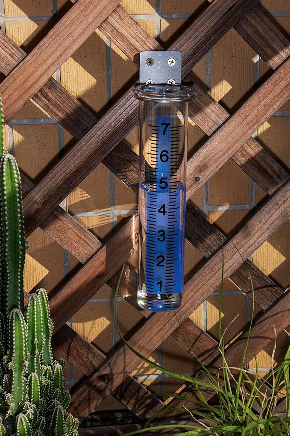 7" Capacity Rain Gauge Outdoor, Accurate Glass Tube Best Rated with Stainless Steel Mounting Rack Holder, Post Mount Rain Gauge for Yard Garden Outdoor Home (Style B)