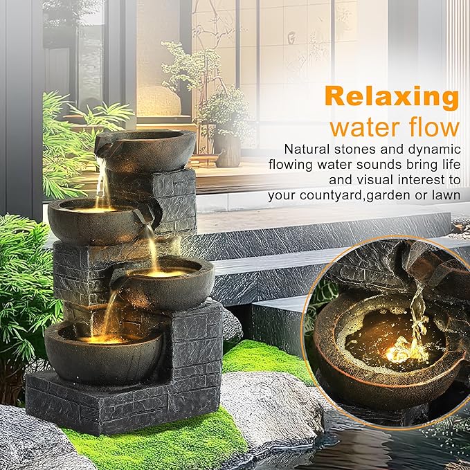 4-Tier Outdoor Garden Water Fountain, 22" H Modern Resin Cascading Bowls Fountain with LEDs and Pump, Freestanding Fountains and Waterfalls for Yard, Porch and Patio Indoor Decor (Brown)