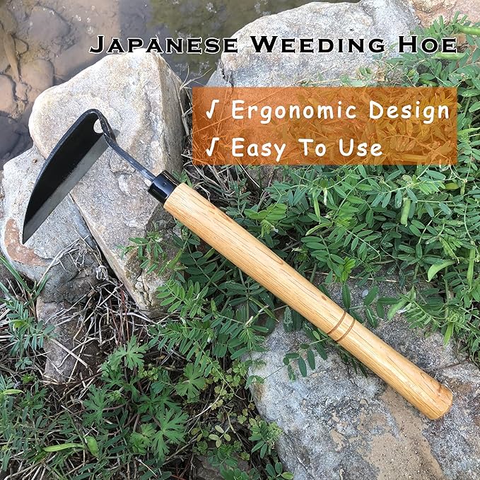 Grass Sickle Japanese Weeding Hoe Garden Hand Tool Weeding Tools for Garden High-Strength Steel with Solid Wood Handle (Yellow)