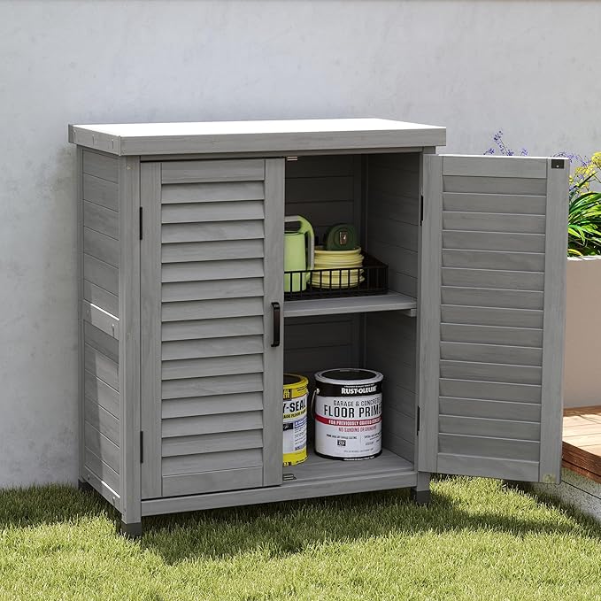 Wooden Outdoor Storage Cabinet, Bar Table Cabinet with Storage, Buffet Sideboard for Patio, Garden, Potting Bench, TV Stand, Balcony, Grey2