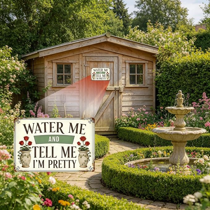 Funny Garden Signs, Vintage Garden Gift, Garden Decor for Outside, Water Me and Tell Me I'm Pretty Sign, Weatherproof Aluminum Outdoor Decor for Patio Yard Greenhouse Home, Wall Decor 12x8 Inch