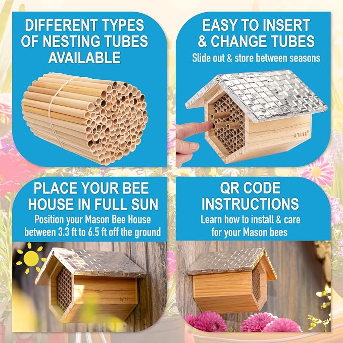 Rivajam Beekeeper Pro Mach II Mason Bee House - Strong + Waterproof Bee Hotel & Insect Habitat - Replaceable Mason Bee Tubes Filled Bee Houses for the Garden - Pollinator House Gardening Gifts