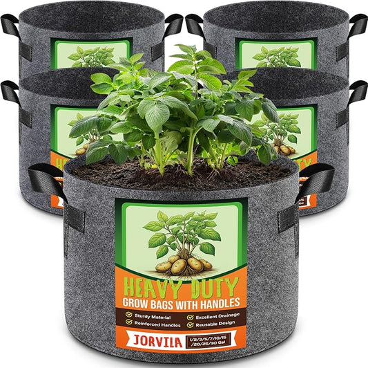 Jorvila 5 Pack 5 Gallon Grow Bags, Thickened Nonwoven Fabric Planter Pots with Handles, Heavy Duty 300G Garden Pots for Tomato, Potato and Vegetable