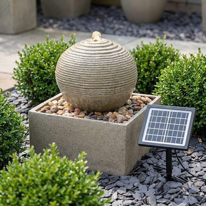 Solar Fountain Outdoor with LED Lights, Zen Sphere Water Fountain, Small Resin Garden Water Feature for Patio, Porch, Deck, Backyard & Indoor Decor, 12 Inch