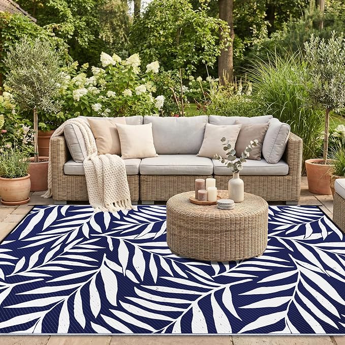 Smiry Outdoor Rug 9x12 ft, Waterproof Reversible Plastic Straw Rugs, Outdoor Area Rug with Leaf Pattern, Outside Floor Mat for Patio, Backyard, Deck, Picnic, Beach, Camping, Navy & White
