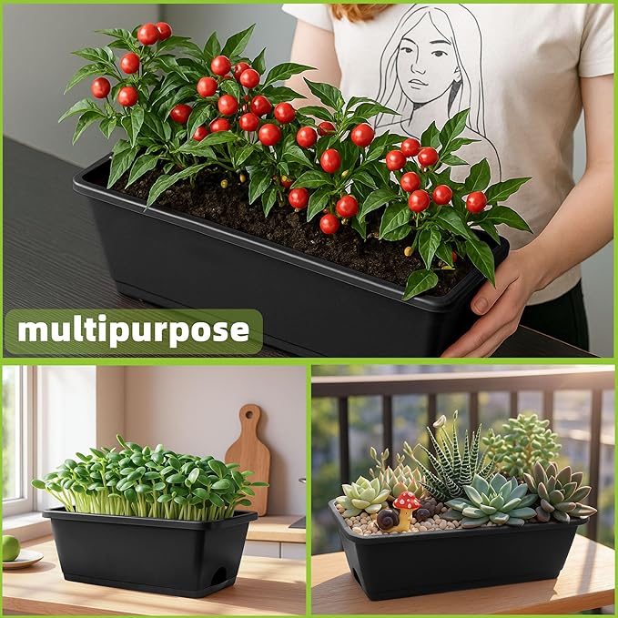 LOCONHA Window Box Planter, Plastic Vegetable Flower Planters Boxes 17 Inches Rectangular Flower Pots with Saucers for Indoor Outdoor Garden, Patio, Home Decor (12, Dark Grey)
