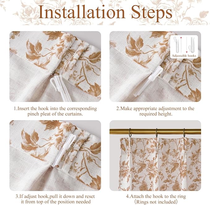 StangH Chocolate Brown Floral Cafe Curtains, Vintage Peony Pattern Pinch Pleated Window Tiers, Rustic 36 Inch Length Tiered Curtains for Dining Room & Coffee Bar, W26xL36, 2 Panels