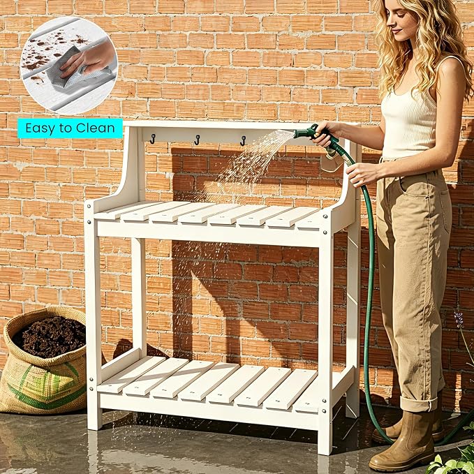 Garden Potting Bench for Outside, HDPE Outdoor Potting Table with Storage Shelves & Tool Hooks, All Weather Planting Workstation for Patio Backyard Garden (White)