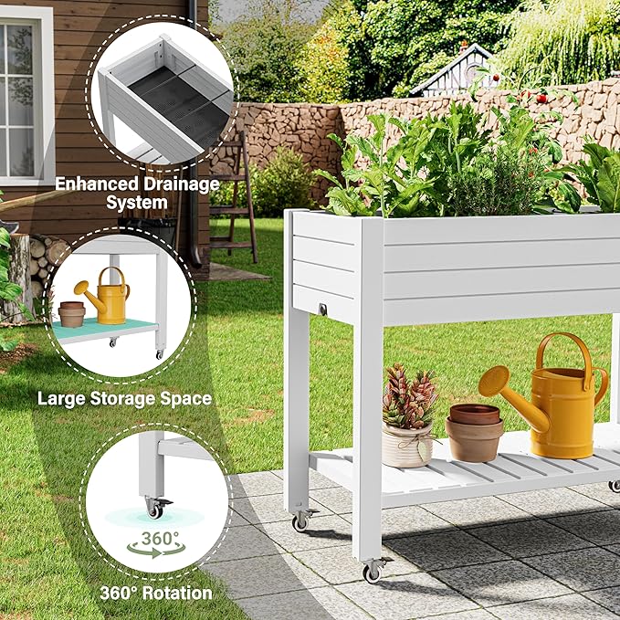 33.7" Tall Raised Garden Bed with Wheels, Divisible Resin Planter Box with Drainage Gauge & Storage Shelf, Herb Planter for Garden Patio Backyard, Cool White (33.7" h)