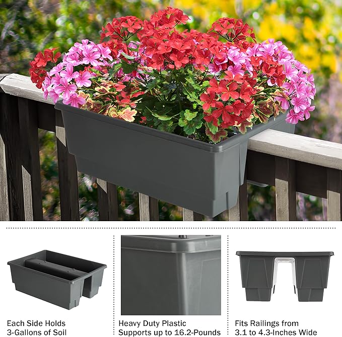 Pure Garden Railing Planter - 20.75-Inch Flower Box with Drainage Insert - 6-Gallon Outdoor Planter Box - Deck, Porch, or Balcony Planter (Gray)