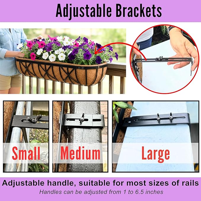 LaLaGreen 36 Inch, 4 Pack Railing Planters with Coir Liner – Large Black Metal Window Boxes with Adjustable Brackets for Wall Mounting, Herb Pots, Balcony & Fence Planter for Patio, Porch, Garden