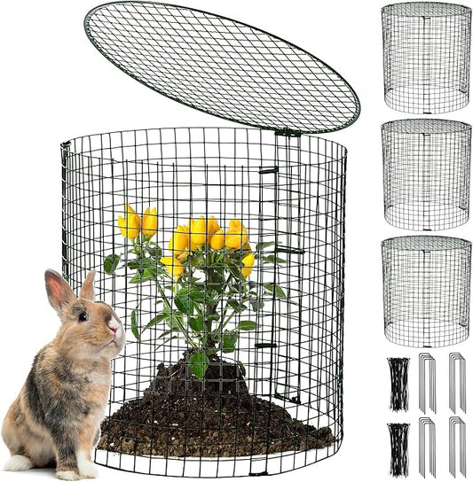 Hiboom 4 Set Garden Plant Protectors from Animals with Stakes, Metal Mesh and Detachable Covers Wire Plant Cage for Keeping Bunny Animals Out, Chicken Wire Cover Garden Protection (15.7x13)