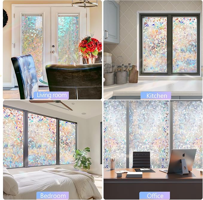 HIDBEA Window Privacy Film Non-Adhesive Static Cling Stained Glass Window Film Rainbow Glass Stickers Reusable Anti UV 3D Decorative Window Film for Home Door, 17.3 x 78.7 Inch