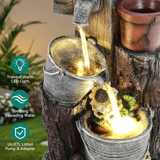 20" 3-Tier Resin Birdhouse Water Fountain, Pastoral Cascading Bucket Water Feature with LED Lights, Soothing Outdoor Fountain for Patio Backyard Garden Porch