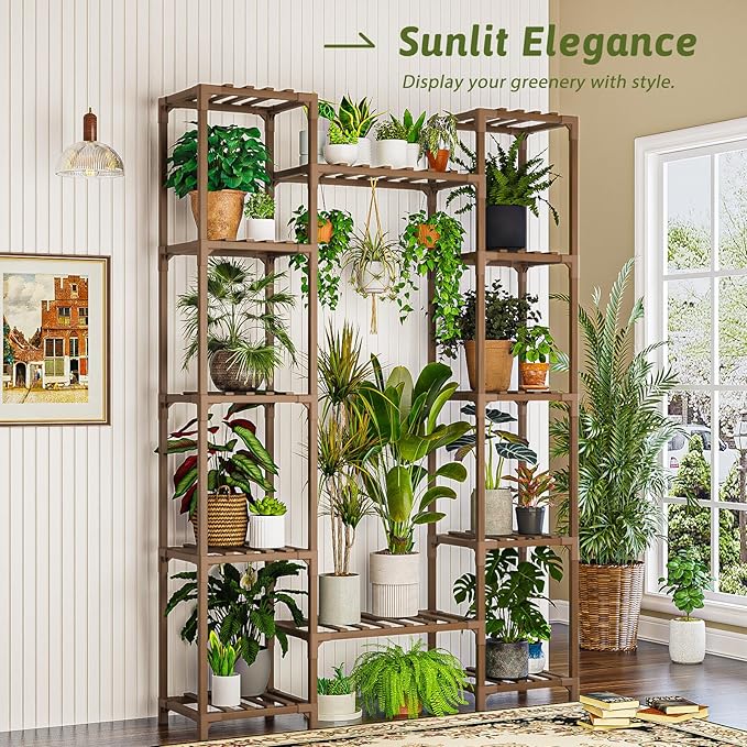 GENTINGBRO Plant Stand Indoor Outdoor 62.2“ Tall Plant Shelf Large Tiered Flower Stands for Multiple Display Wood Hanging Planter Holder for Living Room Garden Balcony Patio Decor