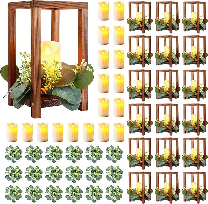 54 Pcs /18 Set Wooden Wedding Lantern Centerpiece-Wooden Candle Lantern Bulk Includes 18 Farmhouse Wooden Candle Holder 18 Flameless LED Candles 18 Eucalyptus Leaves Wreath for Decoration
