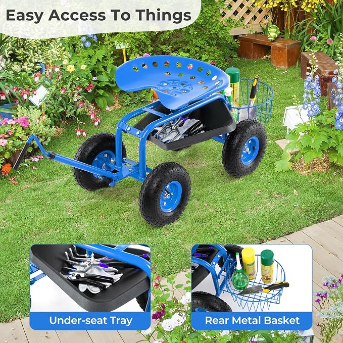 IRONMAX Garden Cart with Seat, Gardening Rolling Stool Scooter with 10’’ All-Terrain Wheels, Adjustable Steering Handle & Tool Tray and Basket for Outdoor Planting (Blue)