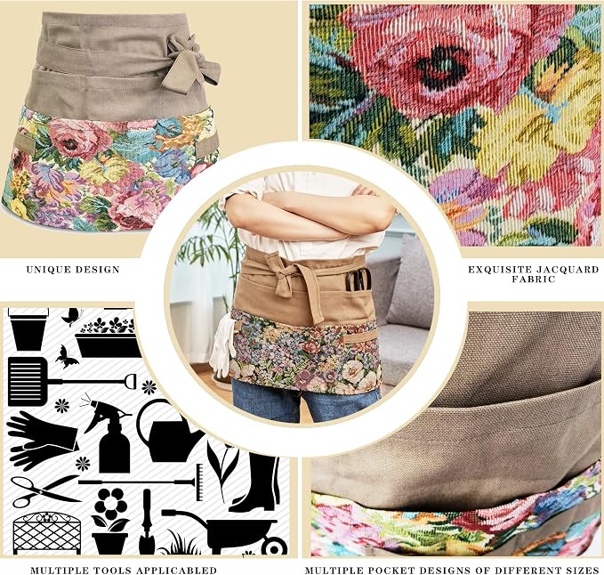 Garden Apron for Woman, Serve Apron Cute, Flora Half Apron with 8 Pockets, Valentines Gift for Mom Wife Girlfriend