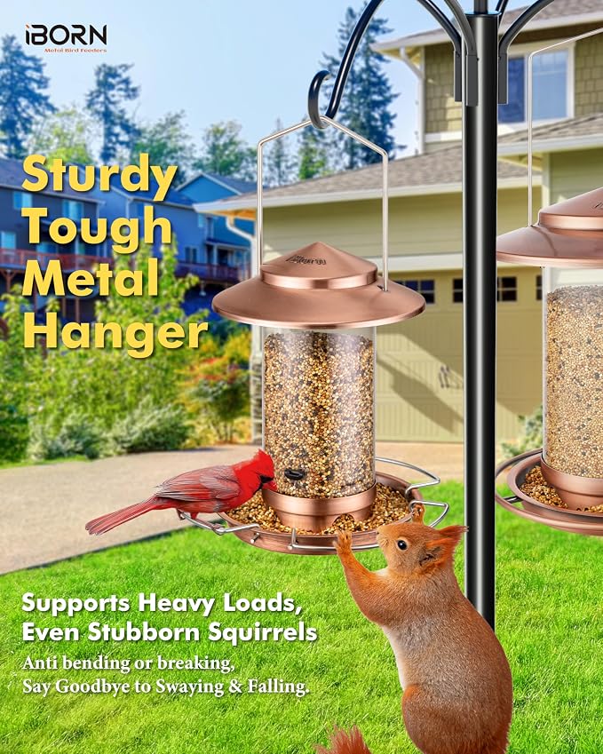 iBorn Bird Feeder Metal Squirrel Chew-Proof Bird Feeders for Outdoors Hanging Outside for Cardinal, Holds 1.32LB Seed with 3 Perchs, Brushed Copper (Seed is not Included)