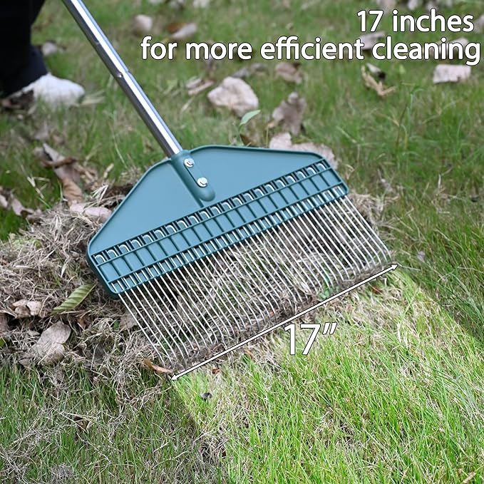 YEELOR Thatch Rake with 66 Inch Adjustable Handle, 17 Inch Wide Durable Dethatcher Rake, Ideal for Garden, Yard and Lawn, Used for Removing Thatch, Pine Needles, Burrs and Acorns