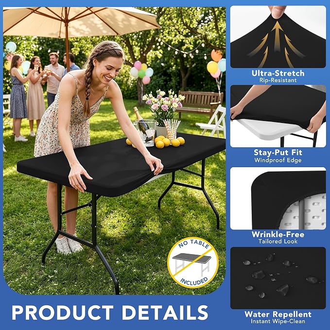 Fitted Tablecloth for 6 Foot Rectangle Tables-2 Pack Black Elastic Outdoor Picnic Table Cover-Spandex Stretch Folding Table Cloths 6 ft for Camping Dining Room Patio Kitchen Banquet Party