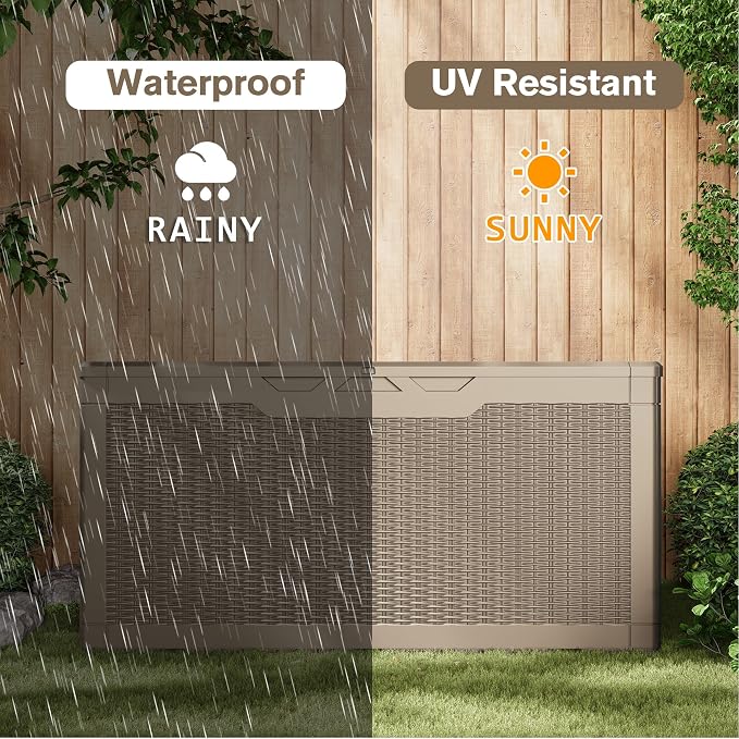JUMMICO 100 Gallon Resin Deck Box, Waterproof Outdoor Storage Box with Lockable Lid for Garden Tools, Patio Cushions (Light Brown)