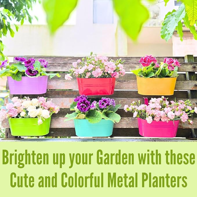LaLaGreen Rail Planter (11.8 Inch, 6 Pack) Colorful Outdoor Hanging Flower Metal Planters Railing Fence Balcony Gardening for Apartment Patio Modern Garden Style Iron Deck Decoration Porch Decor Pots
