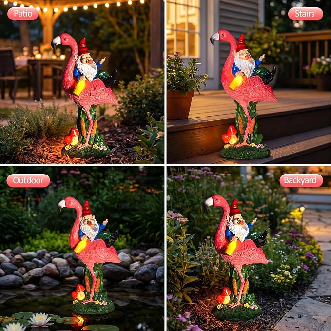 Candieslife Middle Finger Gnome Riding Flamingo 13in, Funny Garden Statue Solar Powered Outdoor Yard Decor with LED Beer Bottle & Mushrooms, Waterproof Naughty Lawn Ornament Gag Gift for Patio, Porch