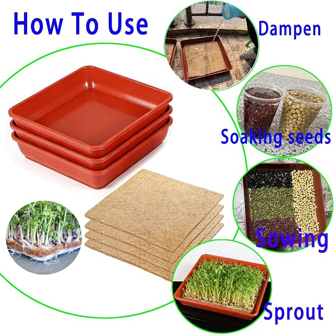 Microgreens Growing Trays Kit –3 Pack (12 x 12) in MicroGreen Grow Trays with 4 Hemp Fiber Grow Mats, 10 x 10 x 1.8 Inch Seed Starter Trays for Growing Microgreens, Indoor Gardening