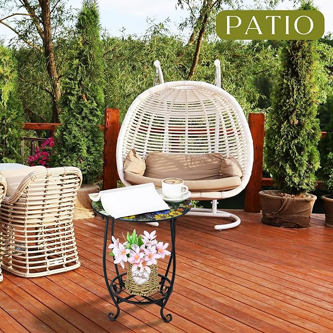 Cinnvoice Outdoor Side Table Round Small Mosaic Patio Accent Indoor End Plant Coffee Tea Table for Yard Patio Porch Garden Living Room, Bedroom(Sunset Wildflowers Style,12 Inch)