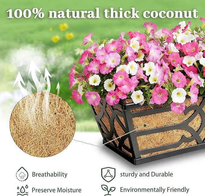 2 Pack 30 Inch Railing Planter Boxes with Coco Liner, Large Metal Window Boxes Planters for Deck Railing, Extra Wide Hanging Horse Trough for Outdoor Plants and Balcony Rails