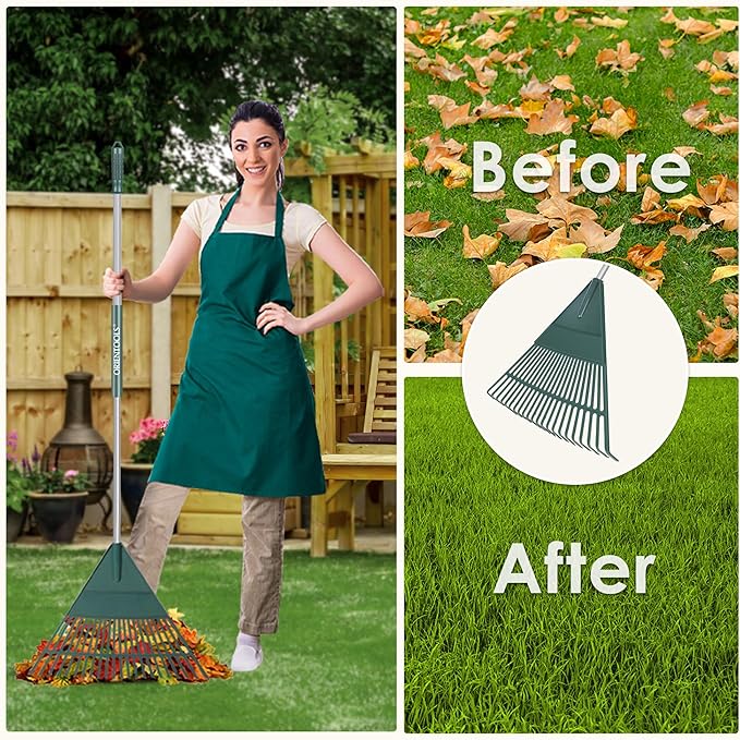 ORIENTOOLS 69" Adjustable Leaf Rake with 5-Section Handle, 26-Tine Durable Plastic Head, Dual-Use Design Converts to Leaf Scoops, Lightweight Yard Rake for Lawns, Grass, Shrubs & Garden (Foldable)