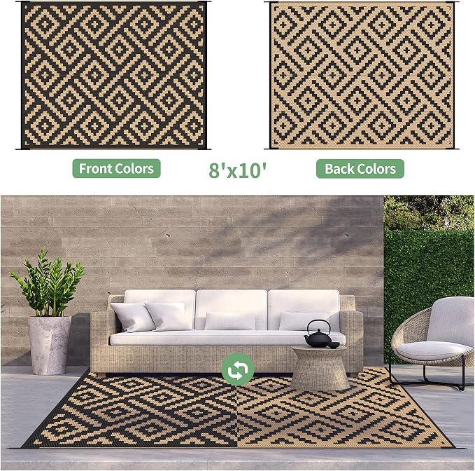 GENIMO Outdoor Rugs 8'x10' Waterproof, Reversible Mats, Area Plastic Straw Rug, Outside Carpet, Geometric Rv Mat for Patio Camping Rv Picnic Backyard Deck Balcony Porch Beach Trailer (Black & Brown)
