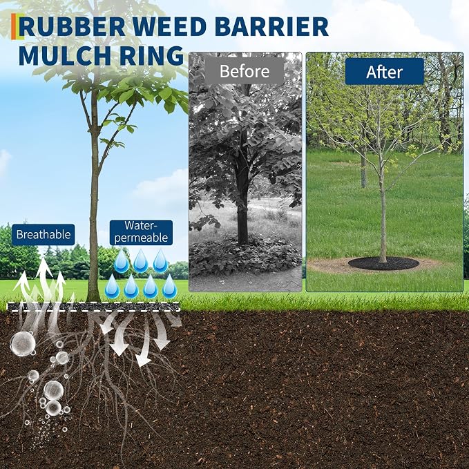 GarveeLife 6 Pack Tree Mulch Ring, 24 in Reusable Rubber Mulch Mat, Heavy Duty Round Tree Weed Barrier Mat for Landscaping Weed Grass Control Root Protection, Black