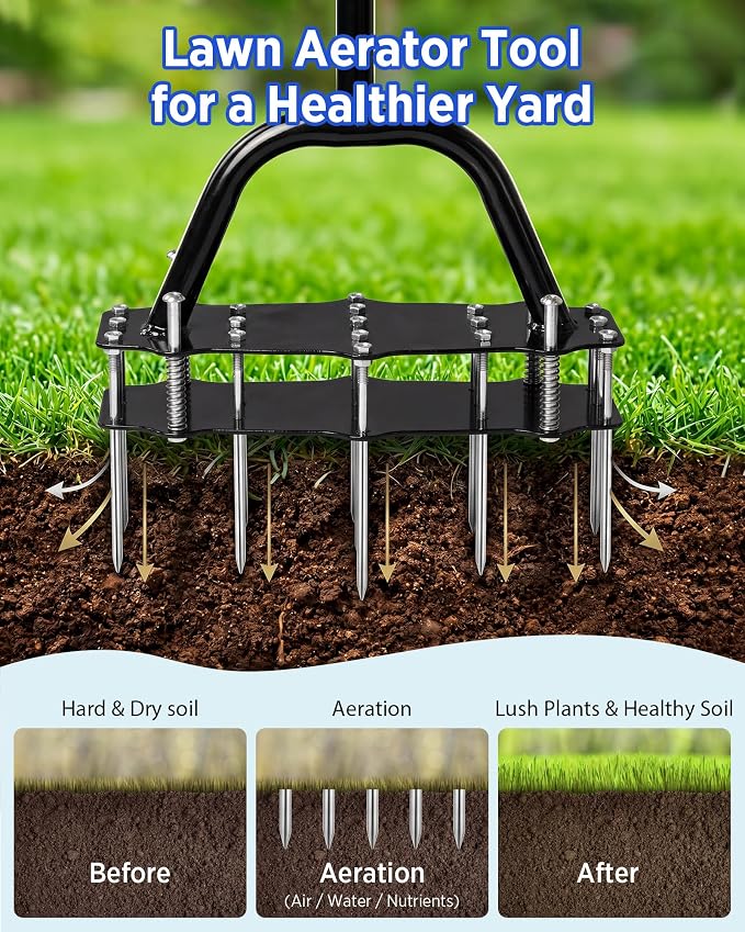 Manual Lawn Aerator with Double-Layer Spring, Heavy Duty Garden Soil Loosener Tool, Spike Aeration Tool with T-Handle and Large Foot Plate for Lawn, Yard, Garden Soil