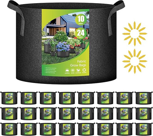 iPower 24-Pack 10 Gallon Grow Bags Heavy Duty Thickened Aeration Nonwoven Fabric Pots with Nylon Handles and 24 Labels, for Planting Vegetables, Fruits, Flowers, Black