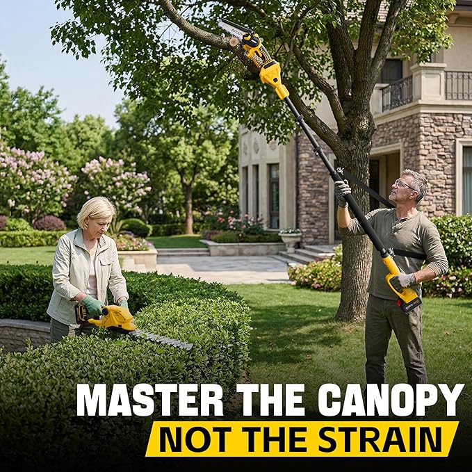 6-in-1 Pole Saw & Cordless Hedge Trimmer Combo Kit,Electric Grass Trimmer,Mini Chainsaw with 2×4.0 Ah Battery,Dual-Action Blade,Brushless Motor,8.5 ft Max Reach,for Tree Trimming/Garden/Lawn (Yellow)