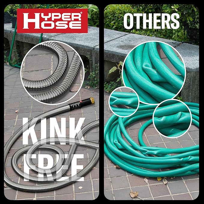 Best 100 ft Metal Garden Hose Set - No-Kink Durable 316 Stainless Steel, 10-Way Zync Spray Nozzle & Hook – Tough Flexible Heavy Duty Water Hoses, 5/8 in, Rust, Weather, LeakProof