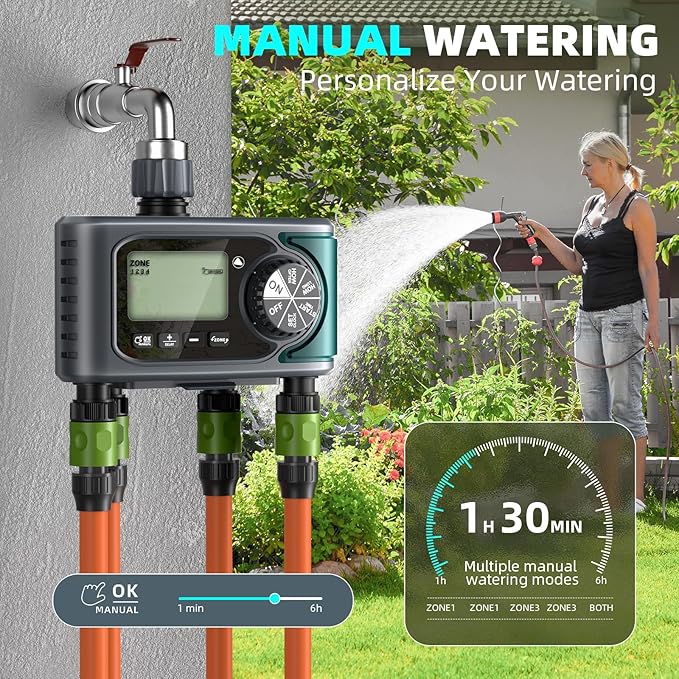 Sprinkler Timer for Outdoor Hose Faucet 4 Zone, Programmable Hose Timer with Rain Delay/Manual/Automatic Watering System, Water Timers for Garden Hose, Digital Drip Irrigation for Yard Lawn Outdoor