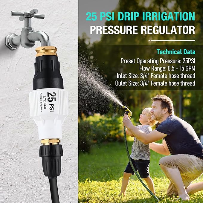 Aurelema 2 Pack 25 PSI Drip Irrigation Pressure Regulator Kit With Water Backflow Preventer for 3/4'' Garden/Faucet Hose Thread and 1/2'' Tubing Adapter, Complete System