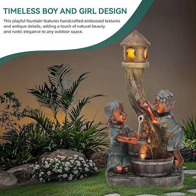 31" H Boy & Girl Outdoor Water Fountain with LED Lights, Faux Bronze Resin Statue Fountain, Wood Barrel & Pagoda Design, 3-Tier Cascading Waterfall for Serene Patio, Yard and Porch