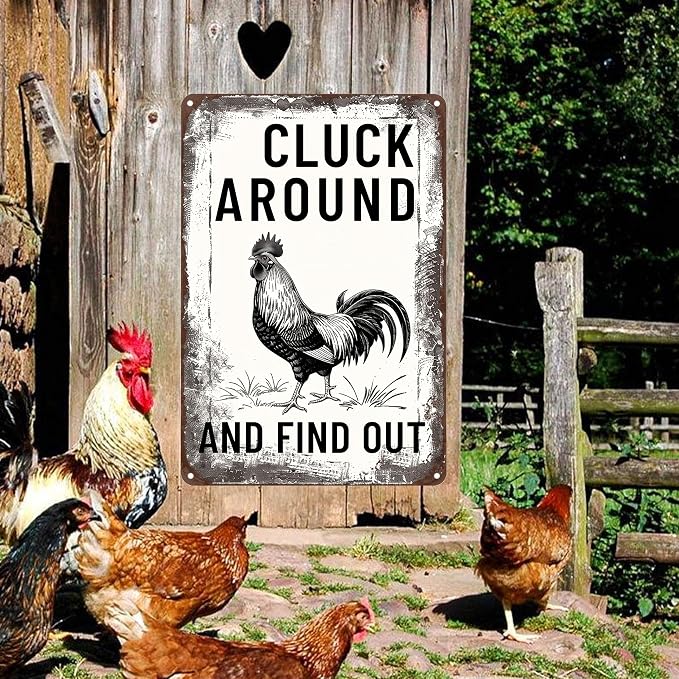 Funny Chicken Signs-Vintage Metal Chicken Signs for Coop Funny Outdoor,Cluck Around and Find Out Tin Sign for Home Farm Chicken Coop Farmhouse Kicthen Garden Decor 8 X 12 Inch