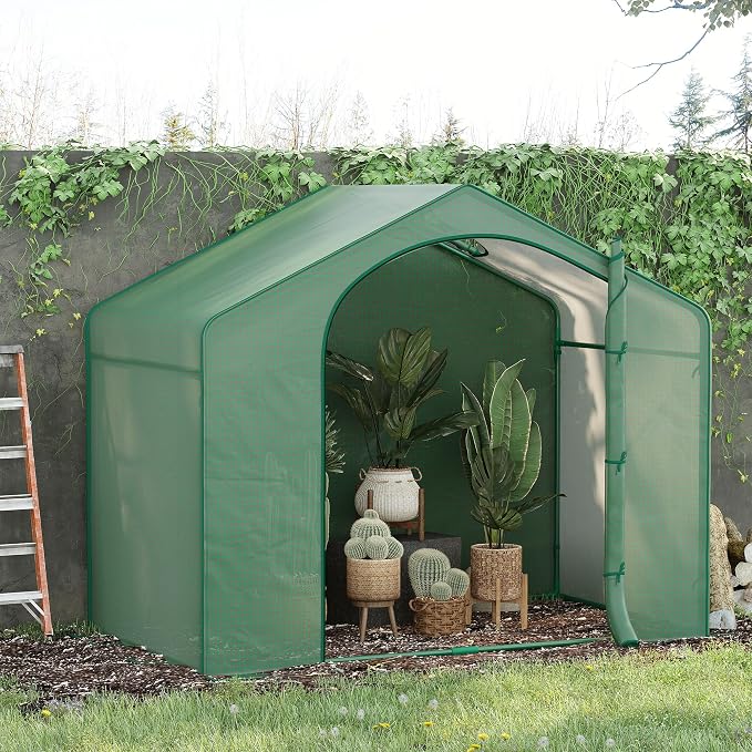 Outsunny 6' x 3' x 5' Portable Walk-in Greenhouse, PE Cover, Steel Frame Garden Hot House, Zipper Door, Top Vent for Flowers, Vegetables, Saplings, Tropical Plants, Green