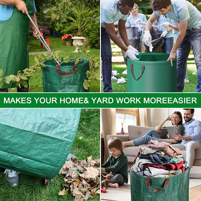 2 Pack Leaf Bags, 53 Gallon Reusable Yard Waste Bags, Heavy Duty Lawn bags Garden Bags for Leaves, Stand-Up Yard Waste Bin with Handles for Grass, Debris and Garbage