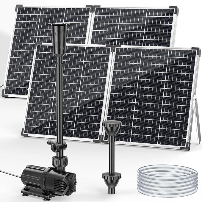 POPOSOAP 120W Solar Water Fountain Pump, 1600GPH Adjustable Flow & Dry-Run Protection Pond Pump, Dual Solar Panels, 3 Spray Nozzles, Solar Fountain Pump Kit for Outdoor Ponds, Water Garden P1200