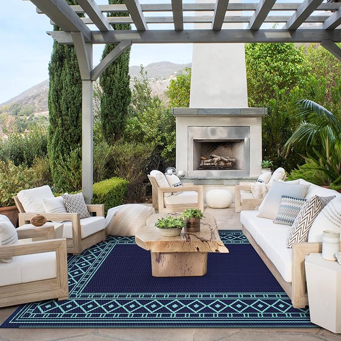 GENIMO Outdoor Rug Waterproof 6'x9' for Patio, Foldable Reversible Plastic Straw Carpet, Outside Area Mat for Patios, Rv, Deck, Picnic, Porch, Camper, Balcony, Beach, Navy Blue & Jade Green